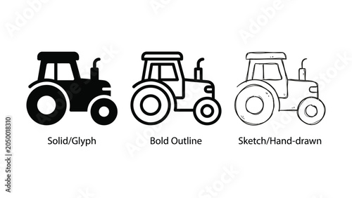 Farm Tractor Icon Set in Solid Outline and Sketch Styles for Agriculture and Machinery Designs
