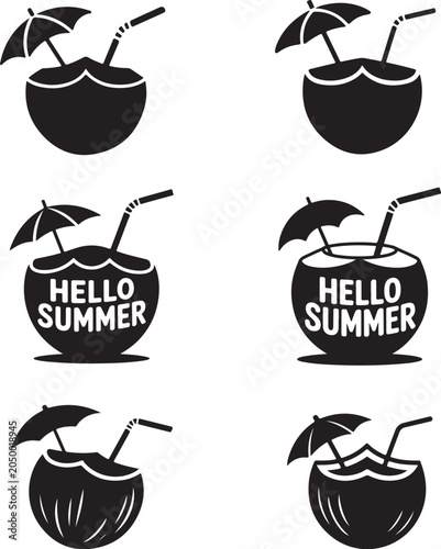Tropical Coconut Cocktail Vector Icon Set: Summer Beach Party Symbols.