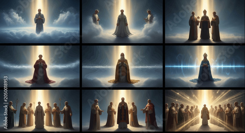 Religious scenes with figures in robes standing amidst divine light clouds