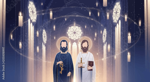 Saint Peter holding golden keys inside a cathedral with hanging candles