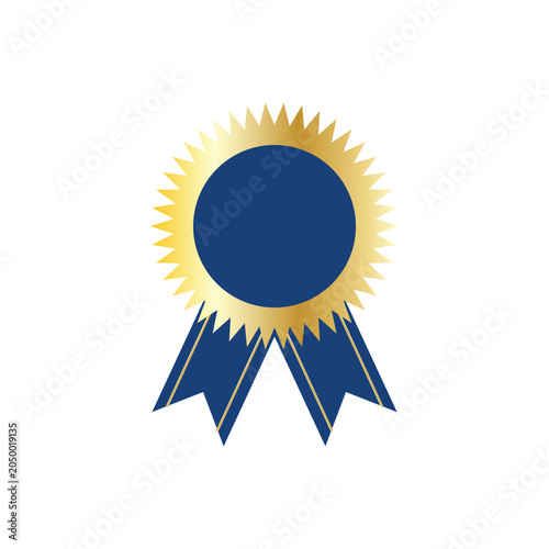 Award ribbon badge with blue rosette, gold seal, achievement emblem, quality certification symbol, and recognition design.