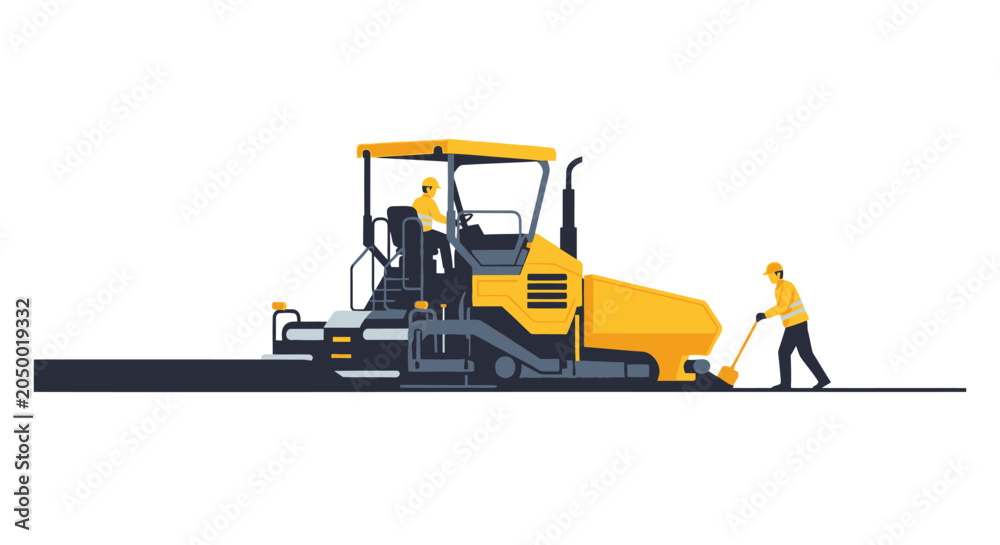 Obraz premium Road Construction Asphalt Paver Machine and Workers Illustration Isolated on White Background