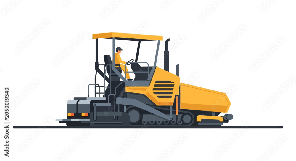 Obraz premium Asphalt Paver Machine Vector Illustration - Road Construction Equipment with Operator on White Background