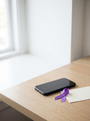 Purple Awareness Ribbon and Smartphone on Minimal Wooden Desk
