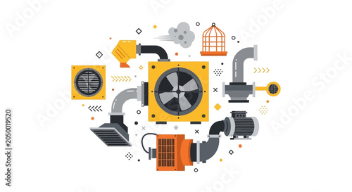 Industrial HVAC System and Ventilation Equipment Flat Vector Illustration