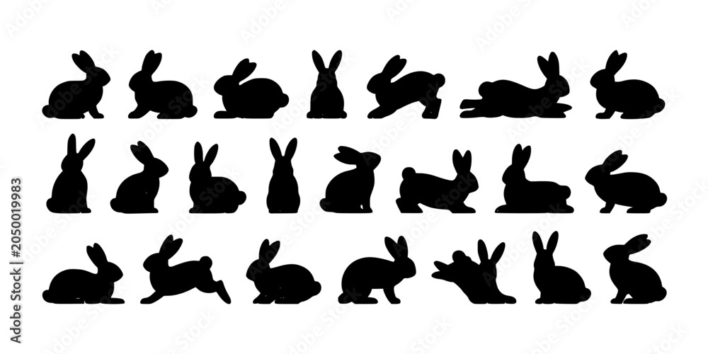 Fototapeta premium Rabbits in Various Poses and Positions as Black Silhouettes Featuring Sitting, Standing, Lying with Hopping and Vector Elements for Illustration