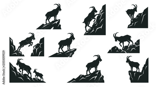 Fotografie Mountain Goat Silhouette Vector Illustration Set