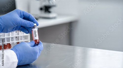 Healthcare professional wearing gloves handling blood sample test tube labeled 