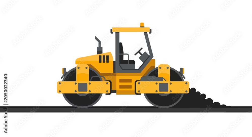 Fototapeta premium Yellow Heavy Duty Road Roller Paving Asphalt Vector Illustration - Isolated Industrial Construction Equipment Icon