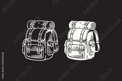 Hiking backpack retro illustration design set for outdoor adventure. Camping backpack vintage symbol element for trekking. Trekking pack rustic hand drawn element for hiking and travel