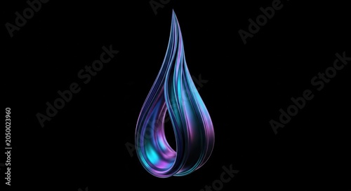 Abstract 3D Iridescent Drop Shape with Metallic Texture Isolated on Bl