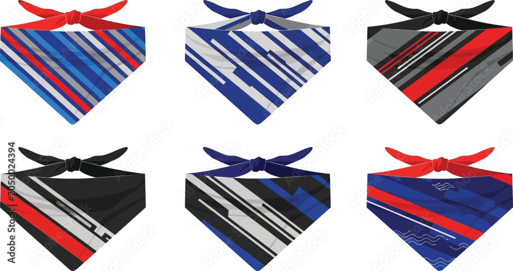 Fototapeta premium Collection of six geometric patterned bandanas modern abstract designs in red blue and black isolated on white background for pet accessories or fashion