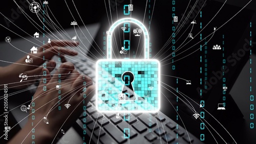 Schilderij op canvas A dynamic scene featuring hands typing on a keyboard with a glowing digital lock, illustrating the importance of cyber security and data protection in the digital age