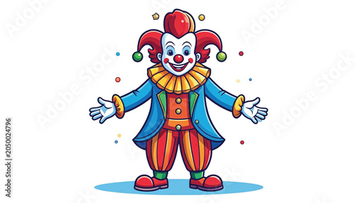 Jester in colorful outfit standing.