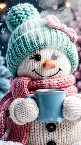 Cute knitted snowman toy holding blue coffee mug.