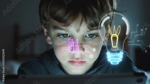 Focused young boy using tablet with floating neon light bulb holograms