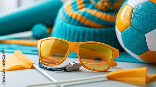 Still life showing soccer fan items with a whistle, flags, knitted hat, and ball, representing team support