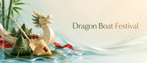 Dragon Boat Festival Duanwu banner with zongzi, bamboo leaves, dragon boat, oars, water waves, English text, soft copy space background for Chinese holiday marketing and cultural greeting design