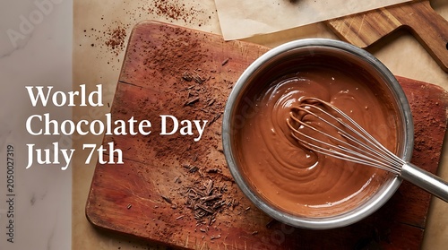 Melted chocolate in a bowl with a whisk on a wooden board for world chocolate day