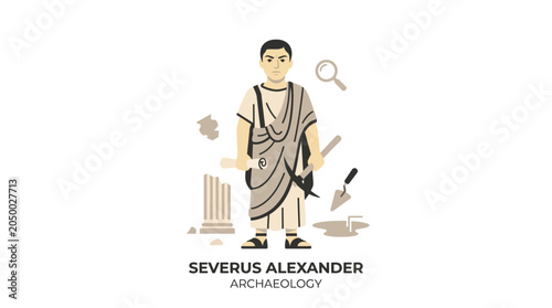 Roman Emperor Severus Alexander and Archaeology Tools, Ancient Ruins Illustration