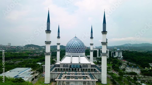 Aerial view of Sultan Salahuddin Abdul Aziz Shah Mosque, also known as the Blue Mosque, in Shah Alam, Selangor, Malaysia.