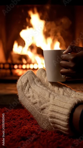 Feet in wool socks warming by cozy fireplace flames.