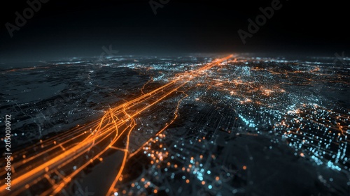 Obraz na płótnie Aerial view of smart city network with glowing orange data highways for digital communication concept