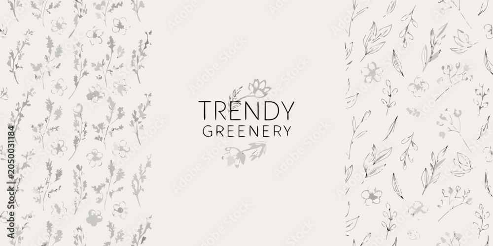 Obraz premium Hand drawn greenery and herb illustration with delicate botanical pattern on white background