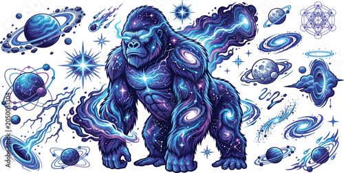 Photography Cosmic gorilla vector design elements pack featuring celestial space monkey nebula textures planets stars black holes and galaxy background illustrations for graphic apparel
