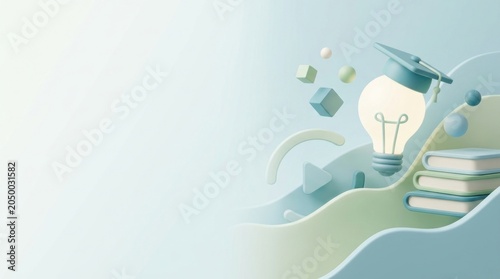 3d render of glowing lightbulb with graduation cap and stacked books for online learning education study success
