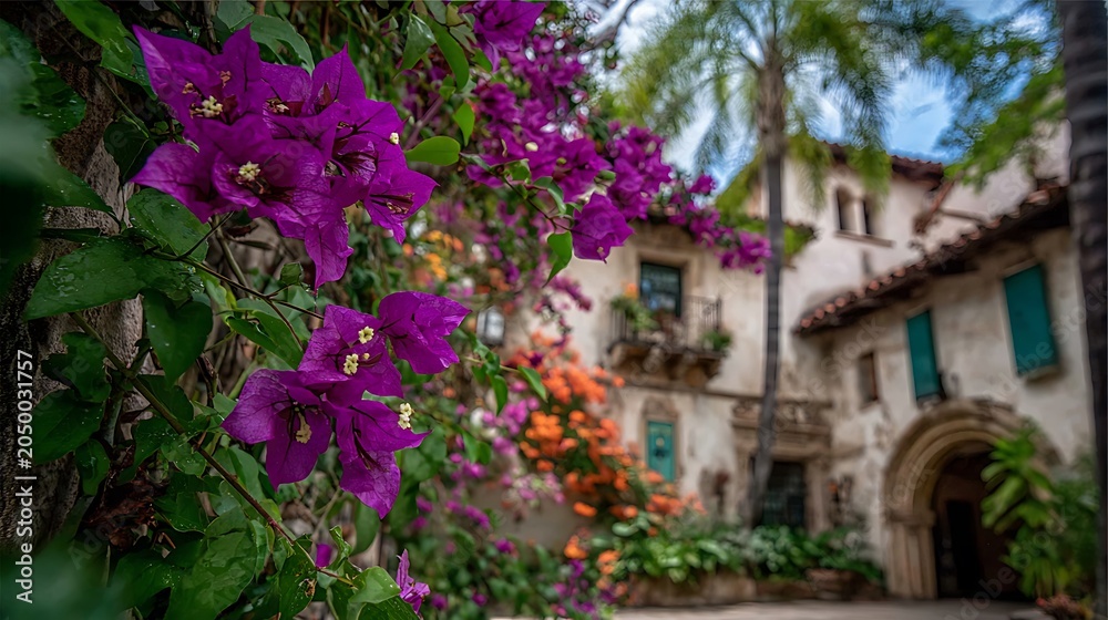 Fototapeta premium Rustic Mediterranean Courtyard with Pink Bougainvillea in White Pot