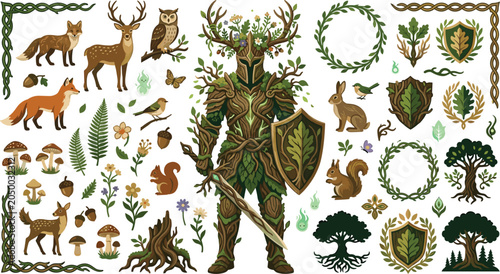 Tableau sur toile Fantasy forest knight armor vector element set with druid warrior, woodland animals, leaf shields, tree wreaths, vines, and mythical nature details