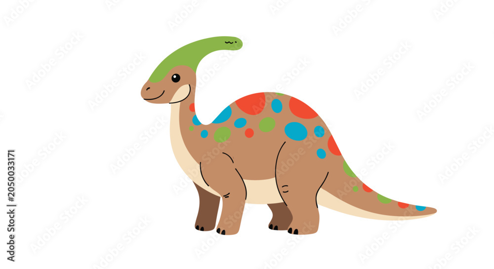 Fototapeta premium Colorful cartoon dinosaur character with a long crest and bright spots on its body looks very friendly and happy.