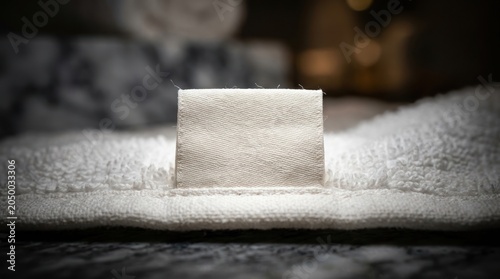 Blank fabric label on soft white cotton towel mockup for spa branding design, hospitality textile presentation
