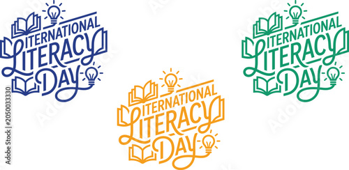 Foto International literacy day logo set typography vector illustrations in blue oran