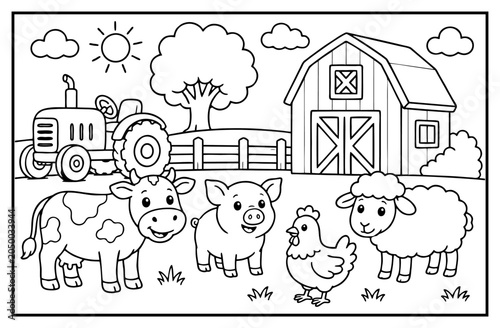 Foto Farm coloring page featuring cute animals like a cow pig chicken and sheep with