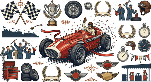 Foto Vintage retro racing car vector element set with checkered flags, trophy cup, pit stop mechanics, tools, tires, and classic motorsport badges