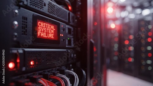 Data center server rack showing critical system failure warning