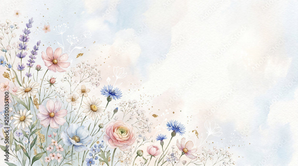 Fototapeta premium 水彩で描かれた可憐な花々のフレーム背景｜エレガントなボタニカルデザイン
