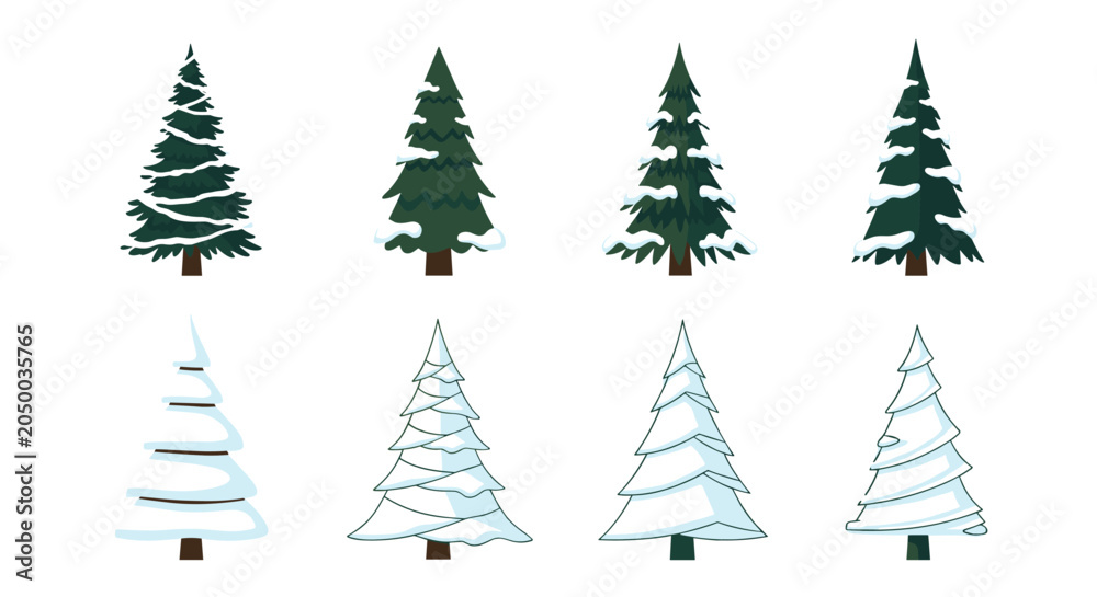 Obraz premium Grid of eight different evergreen pine trees covered in patches of white snow creates a versatile winter forest collection for design.