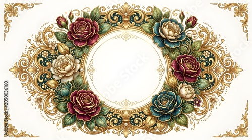 Elegant oval floral frame featuring intricate gold filigree flourishes and deep burgundy roses intertwined with teal peonies alongside lush green foliage set against a clean white background