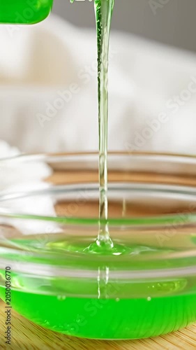 Green herbal liquid pouring into clear glass bowl.