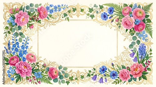 Elegant rectangular frame featuring vibrant pink roses and bright blue wildflowers intertwined with intricate gold ornate filigree patterns on a soft cream background creating a sophisticated
