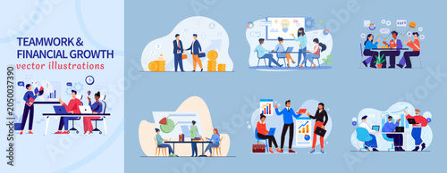 Teamwork and financial growth vector illustrations set. Business people working together, analyzing charts, and shaking hands