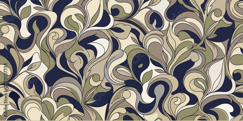 Elegant abstract seamless pattern with fluid swirling lines and botanical leaves in navy blue, olive green, and beige colors. Luxury organic vector background for textiles, wallpaper, and packaging.