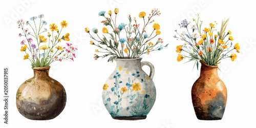 Фотография Watercolor wildflowers in rustic pottery vases, a charming still life arrangemen