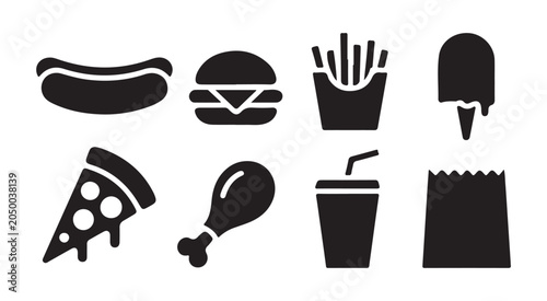 Valokuva Set of eight fast food icons including hot dog, hamburger, french fries, ice cream, pizza, fried chicken, soda, and take-out bag