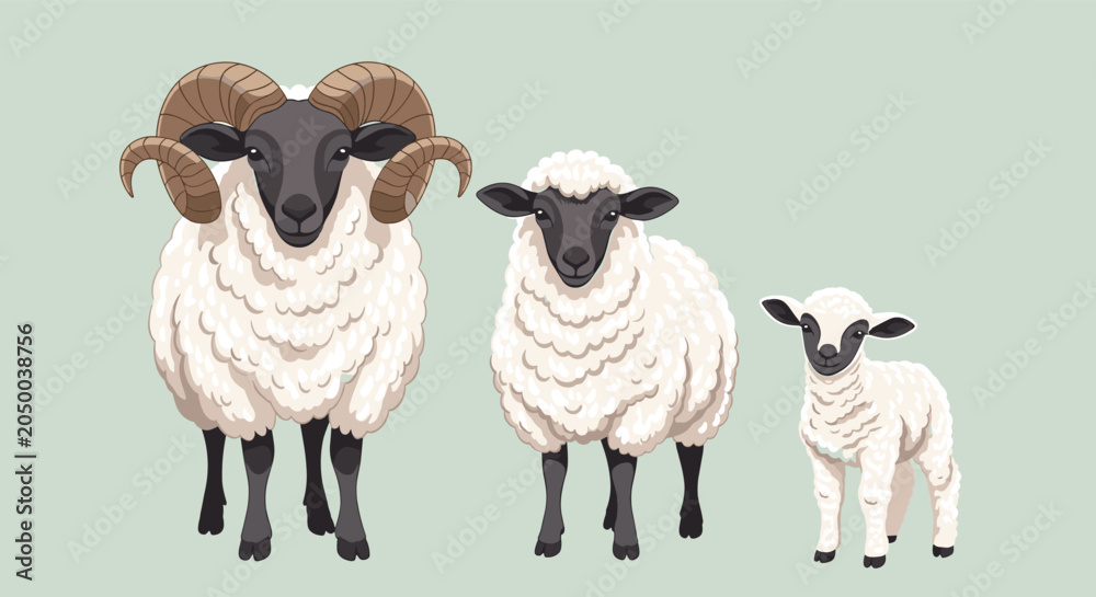 Fototapeta premium Family of sheep including a ram with impressive curved horns, an ewe, and a small lamb stands together on a soft green background.