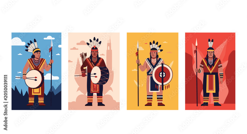 Fototapeta premium Set of four illustrated cards depicting traditional Native American warriors with feathers, spears, drums, and shields.