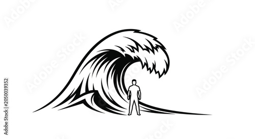 Man standing under a huge wave.